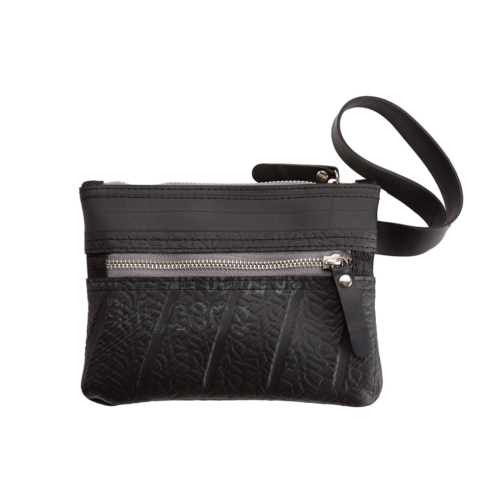 Erin Vegan Wristlet and Belt Pouch made from recycled rubber, featuring a zip pocket and wristlet strap, available in various colors.